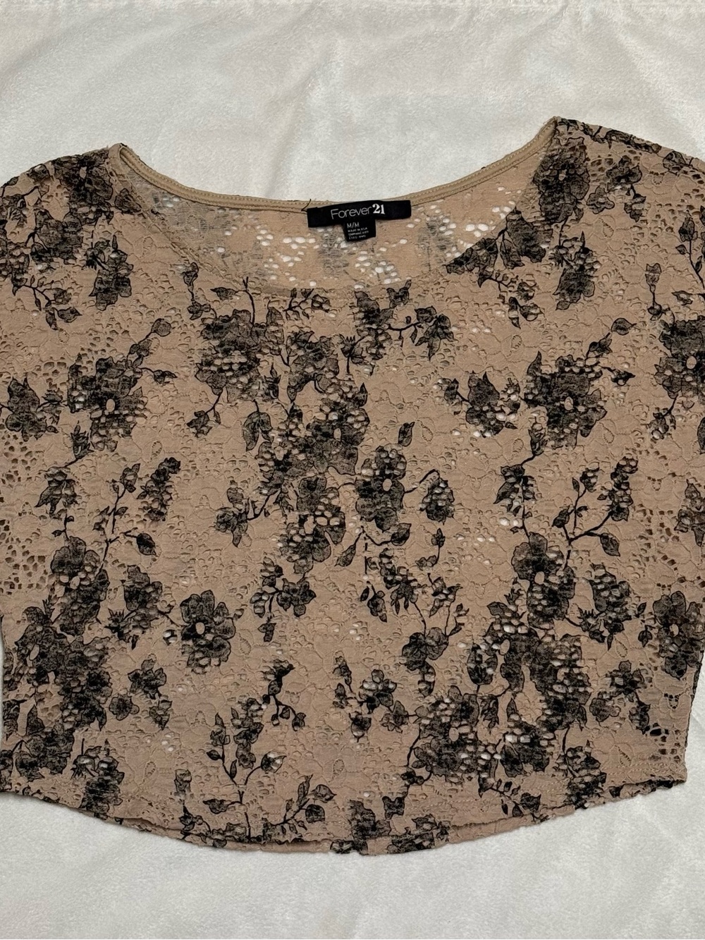 Forever 21 Beige Lace Crop Top with Black Floral Overlay